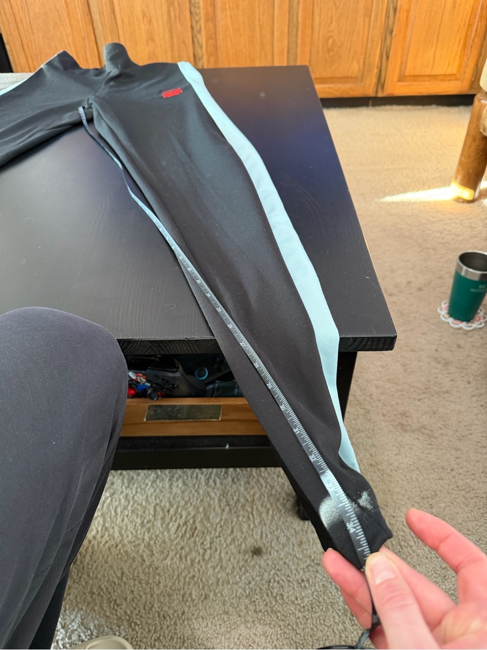 Puma Black Leggings with Light Blue Side Panels and Red Logo - Picture 4 of 7